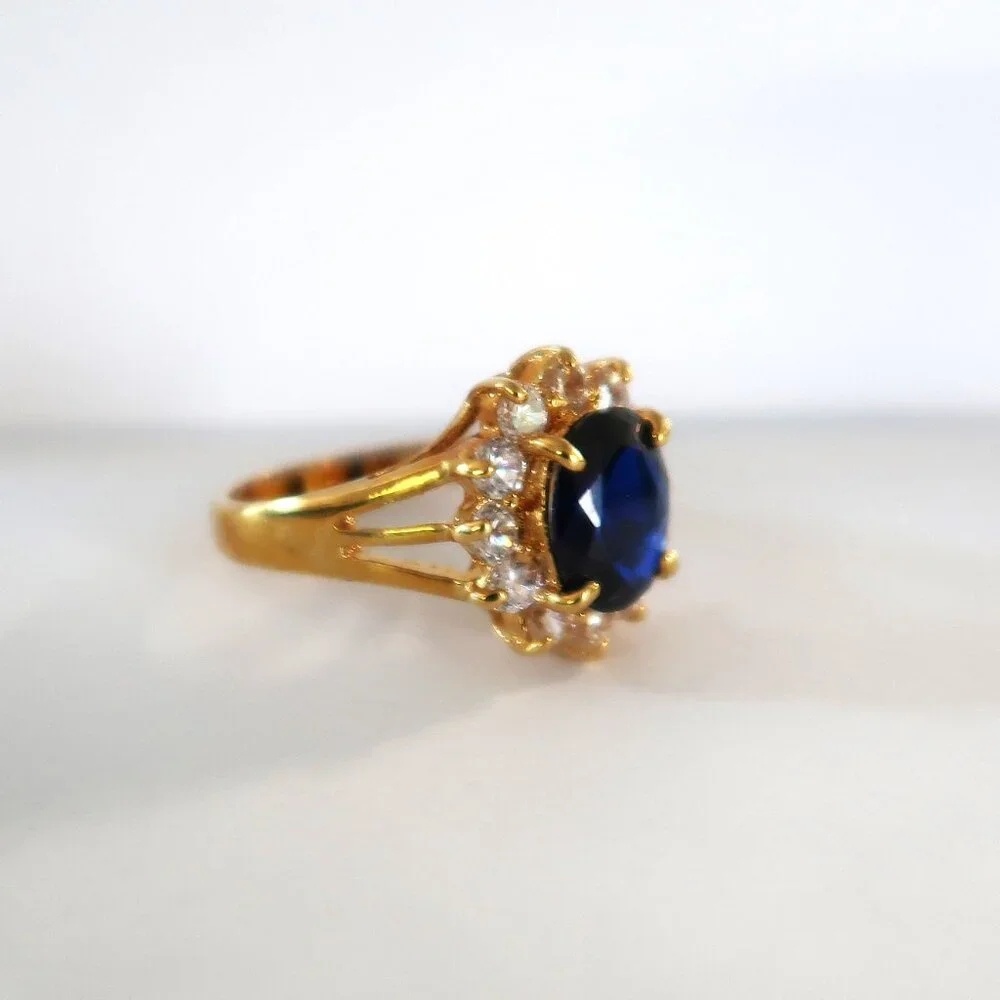 Mens 14K Gold Electroplate Ring Blue Center Stone White Accents Sz 8.75